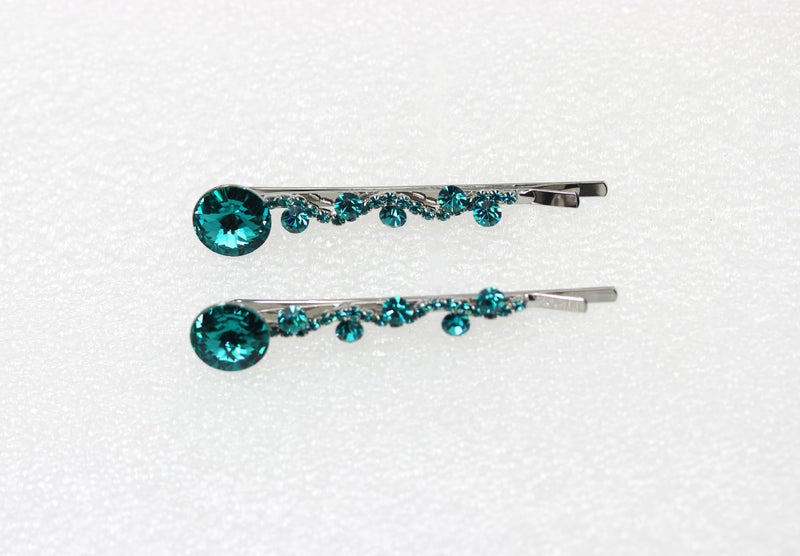Faship A Pair Of Teal Premium Rhinestone Crystal Rhinestone Floral Hair Clips 2 Pcs Pins - Image 3